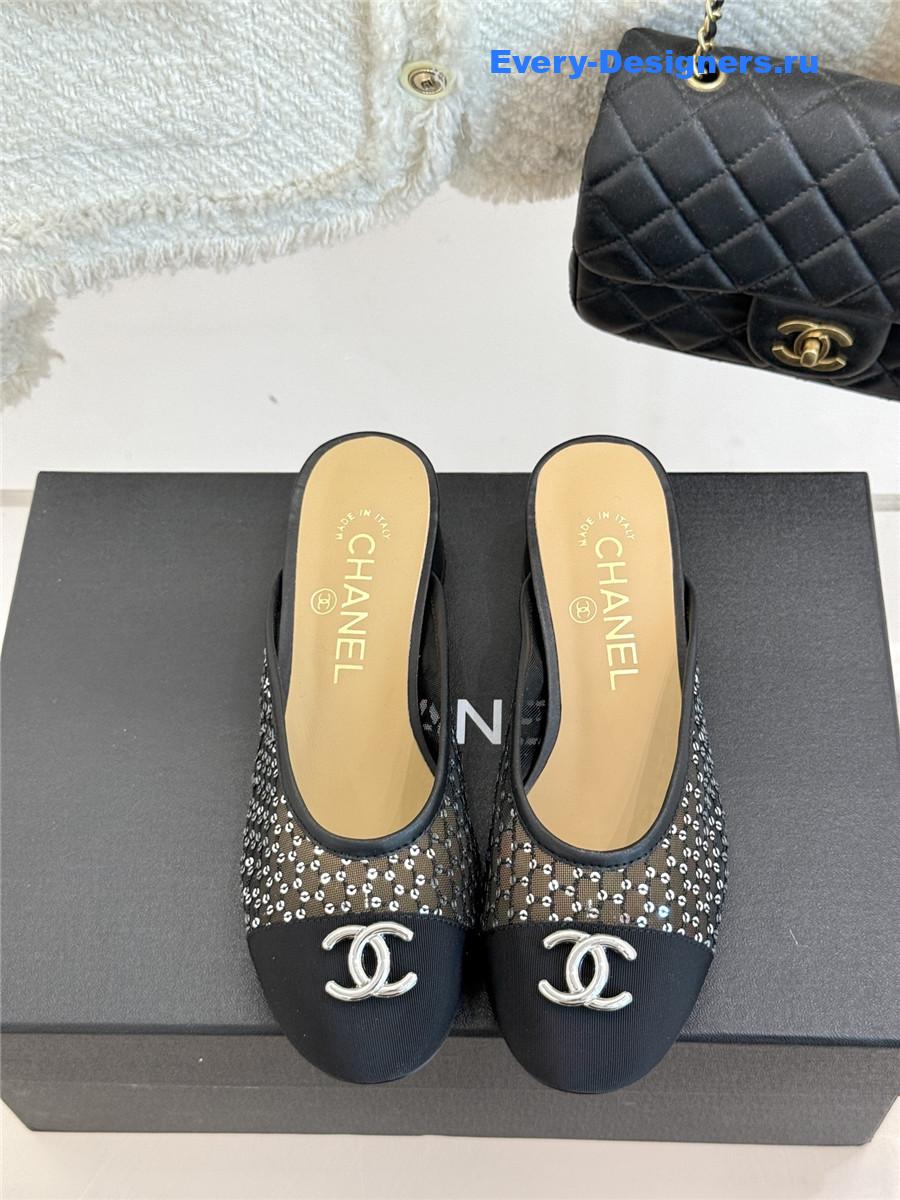 Ch**el black rhinestone slippers
