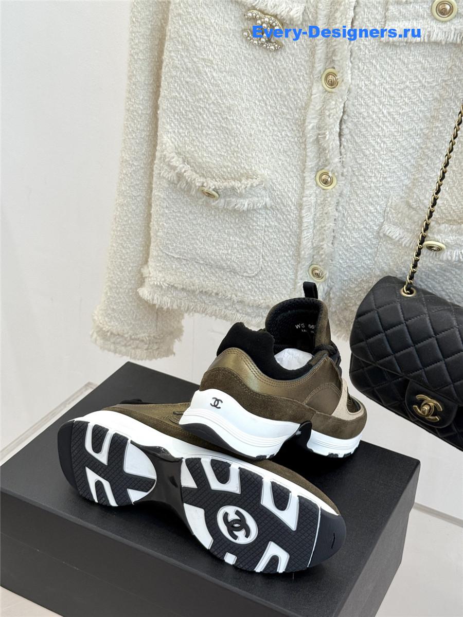 Ch**el laminated calfskin suede gold trainers