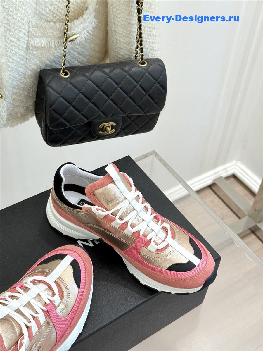 Ch**el laminated calfskin suede pink trainers