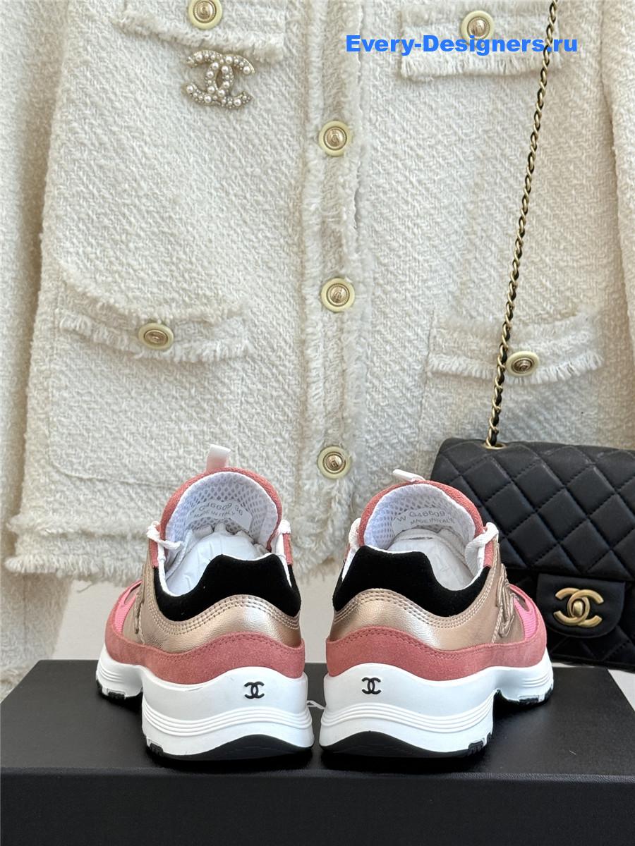 Ch**el laminated calfskin suede pink trainers