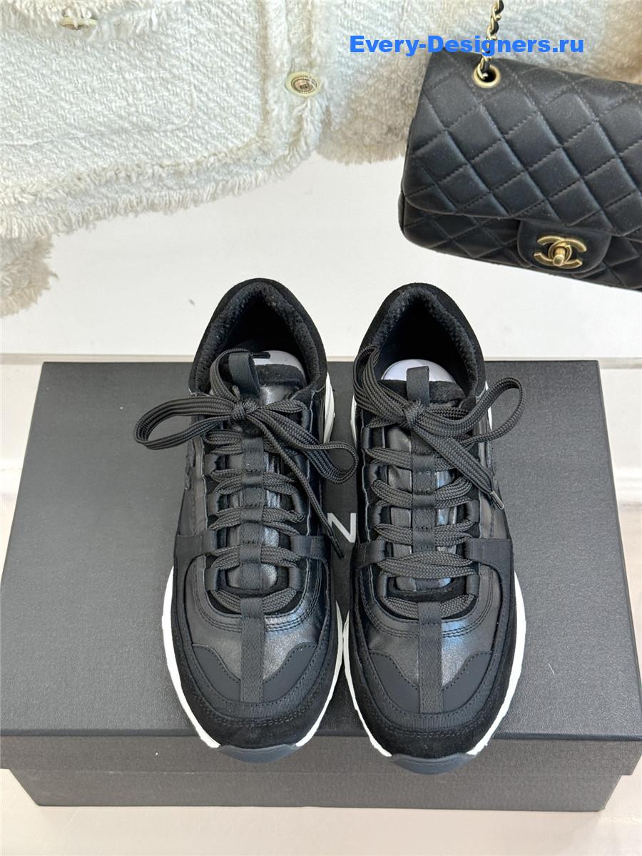 Ch**el laminated calfskin suede black trainers