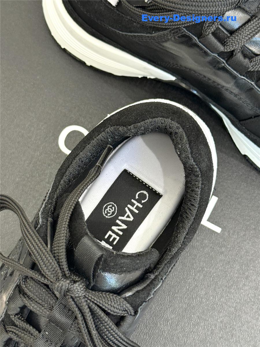 Ch**el laminated calfskin suede black trainers