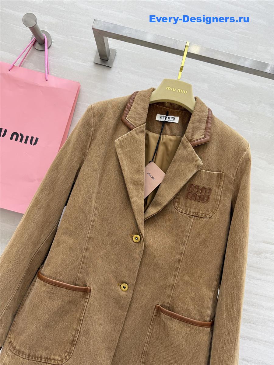 Miu Miu Acid-Wash Denim Blazer In Brown