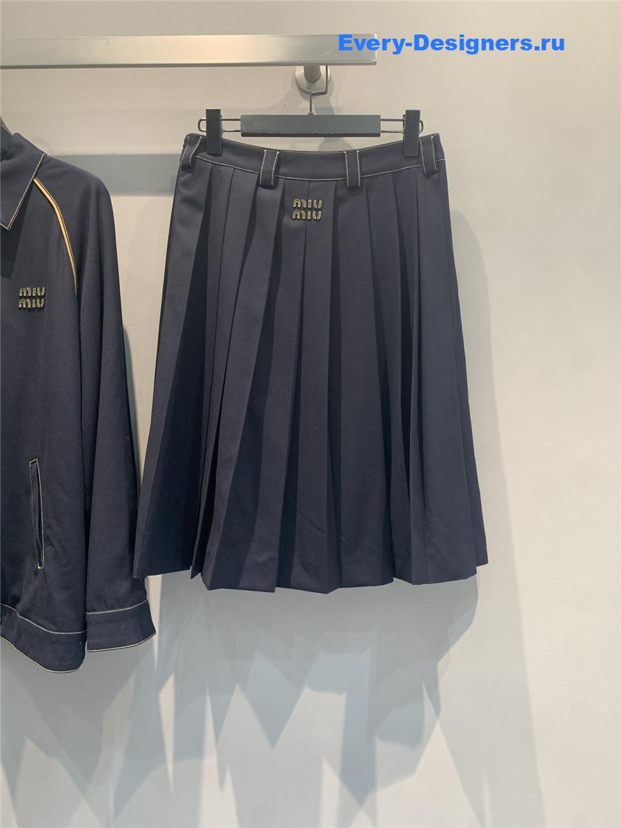Miu Miu Navy Pleated Batavia Skirt