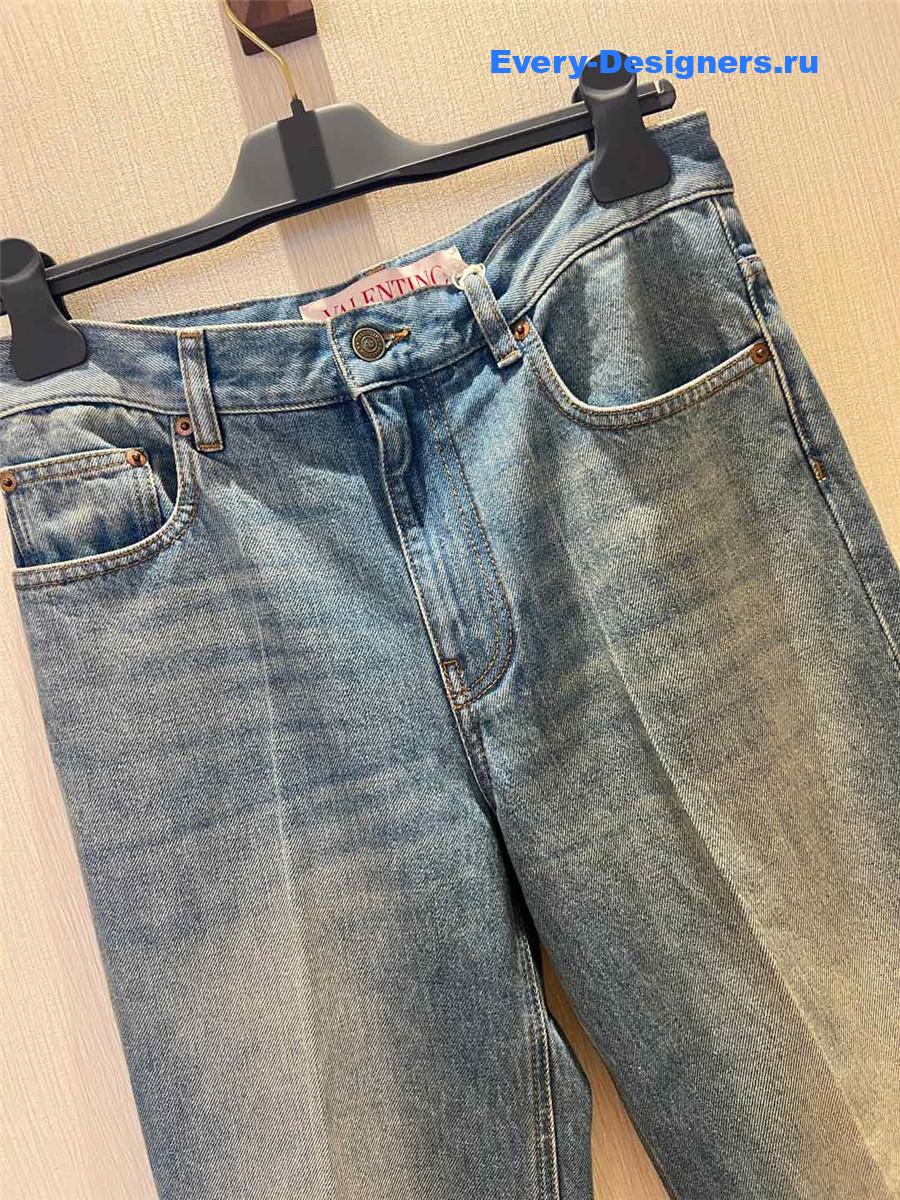 Va1e*ntin0 jacquard-trimmed wide-leg jeans