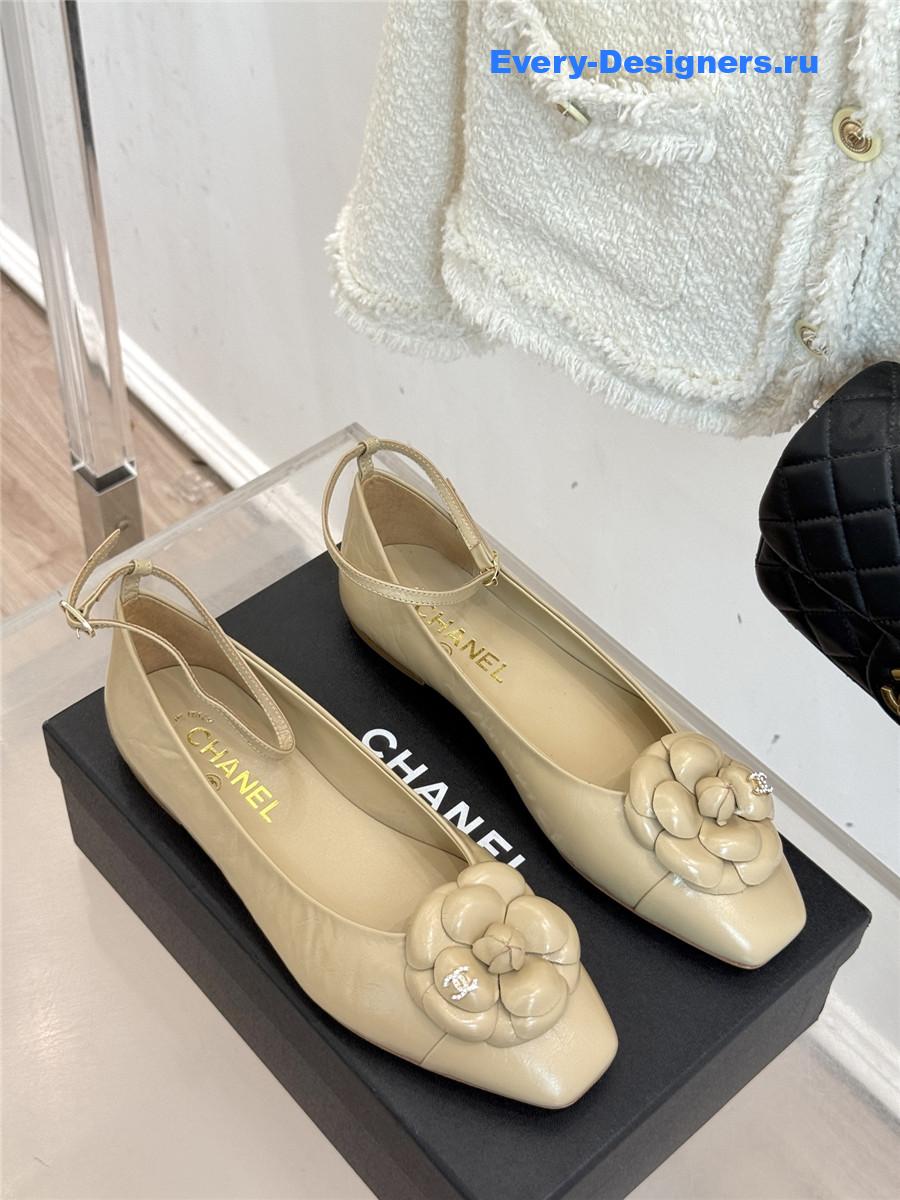 Ch**el beige camellia mary jane flats