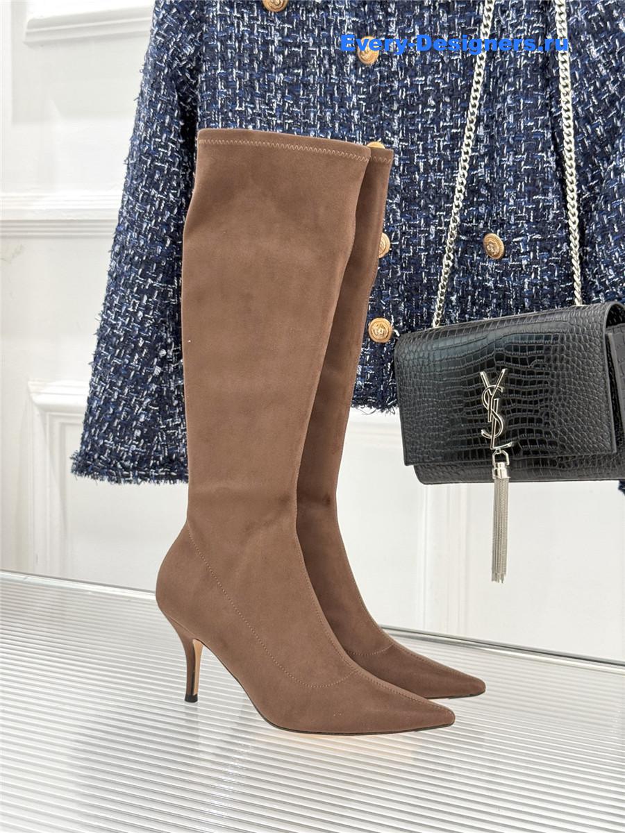 The R0w brown suede pointy toe knee-high boots