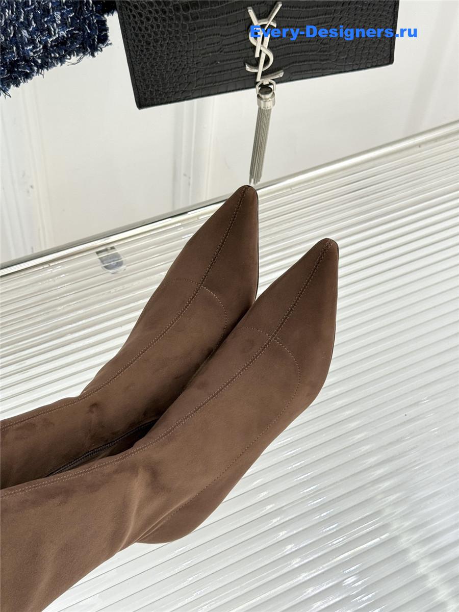 The R0w brown suede pointy toe knee-high boots