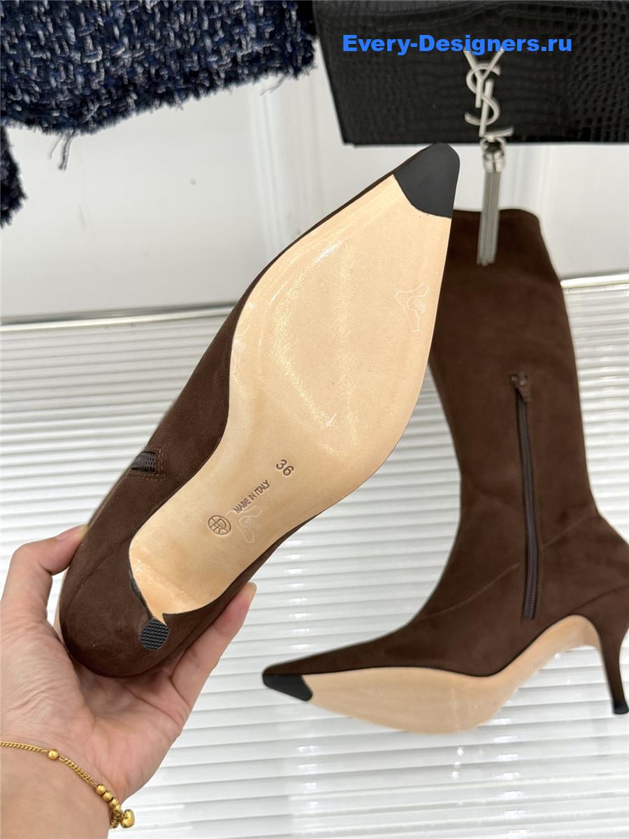 The R0w brown suede pointy toe knee-high boots