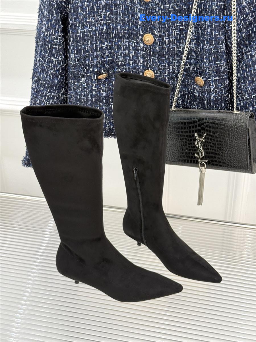 The R0w black suede pointy toe knee-high boots