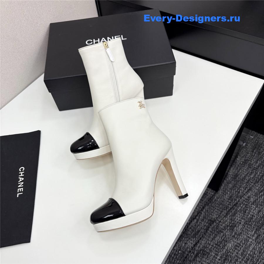 Ch**el lambskin cap toe high heel boots white