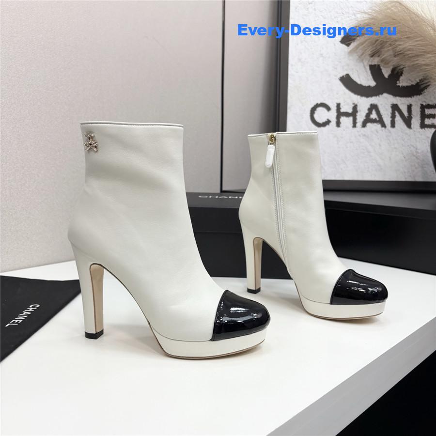 Ch**el lambskin cap toe high heel boots white