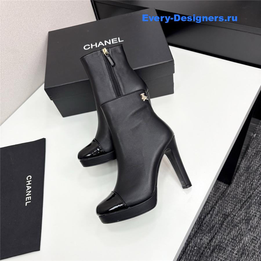 Ch**el black lambskin cap-toe heel boots