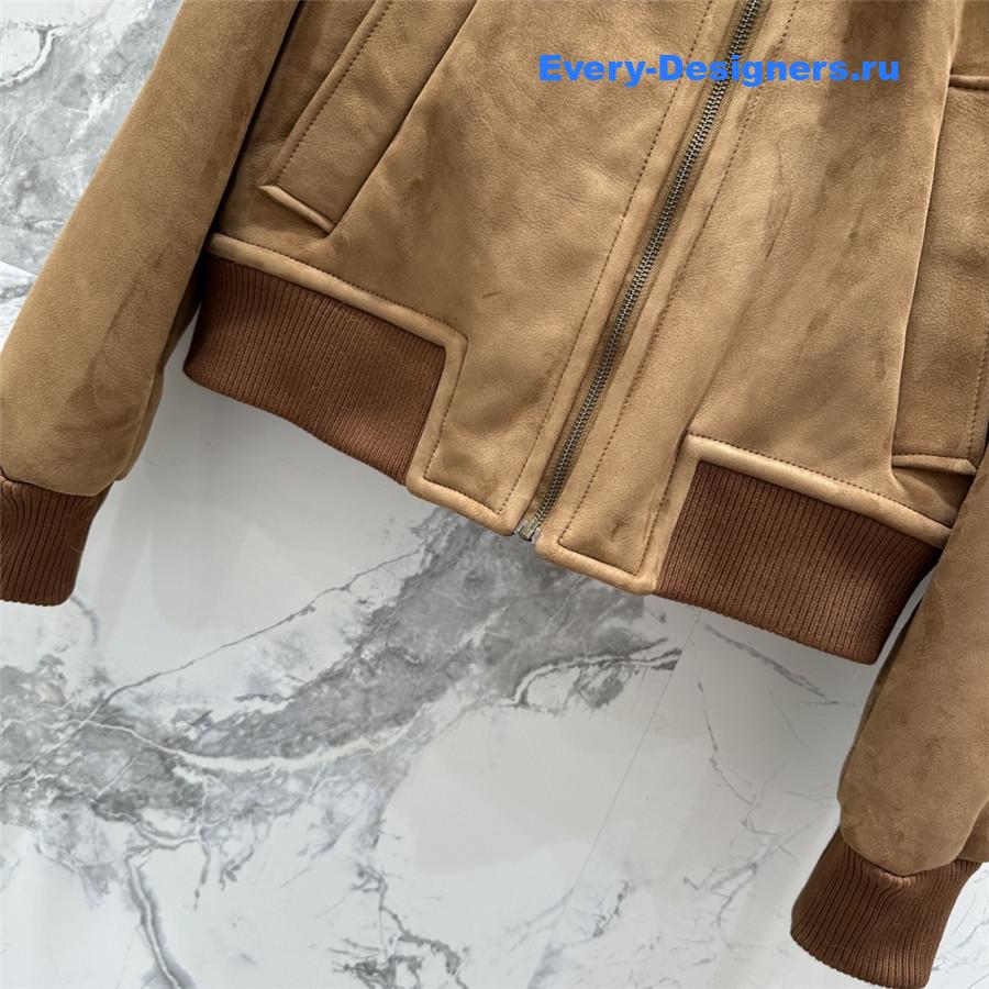 Miu Miu Brown Shearling-Trimmed Cropped Suede Jacket