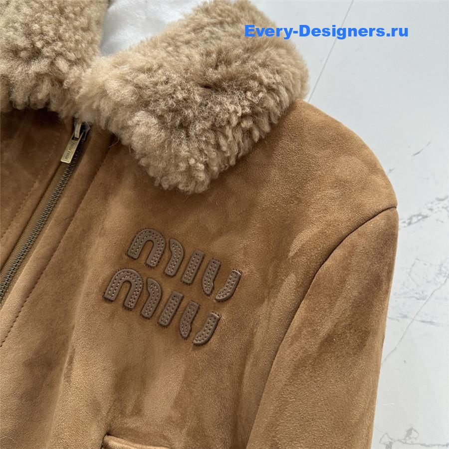 Miu Miu Brown Shearling-Trimmed Cropped Suede Jacket