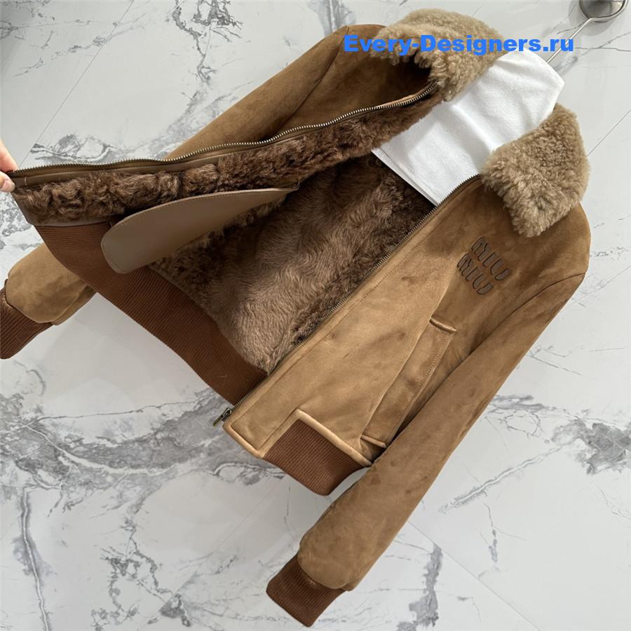 Miu Miu Brown Shearling-Trimmed Cropped Suede Jacket