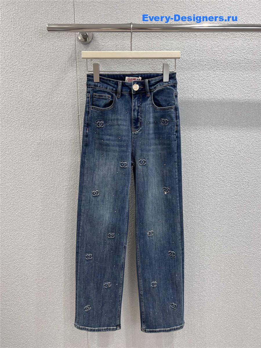 Ch**el logo embossed rhinestone jeans