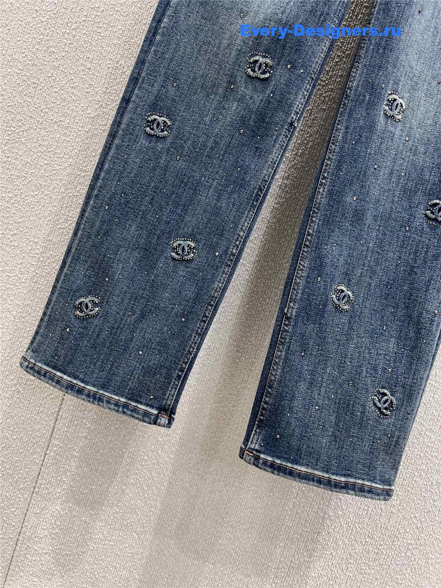 Ch**el logo embossed rhinestone jeans