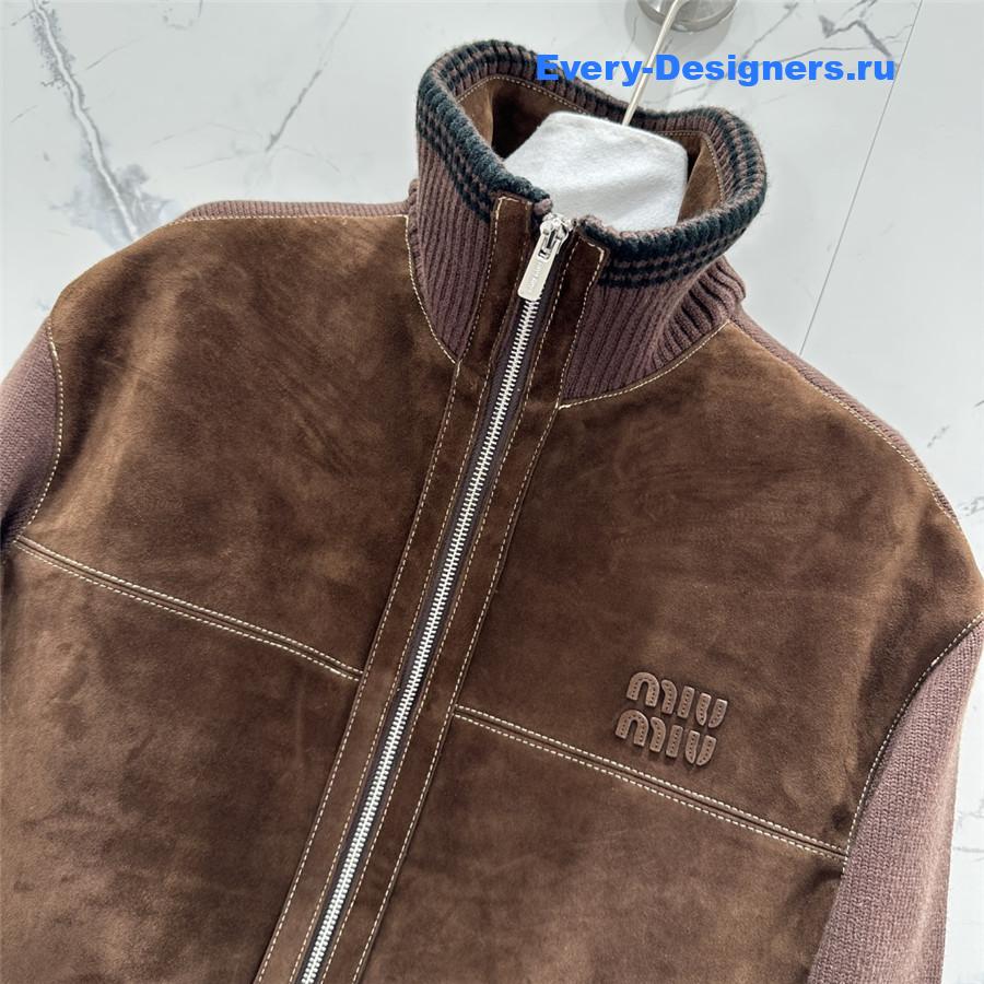 Miu Miu Brown Suede-Insert Ribbed Cardigan