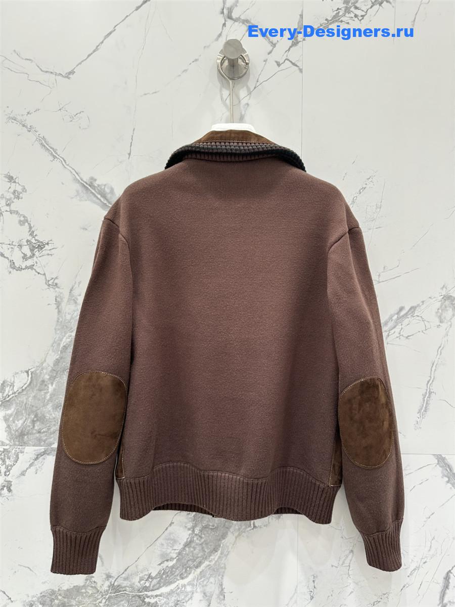 Miu Miu Brown Suede-Insert Ribbed Cardigan