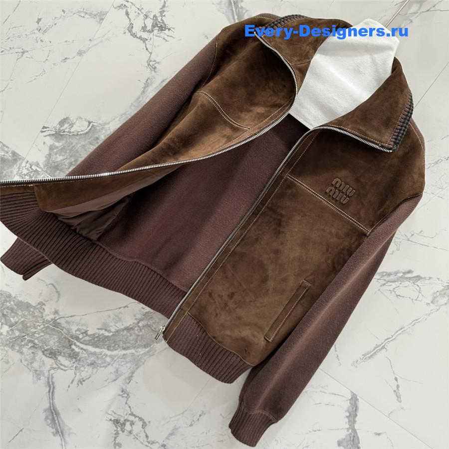 Miu Miu Brown Suede-Insert Ribbed Cardigan