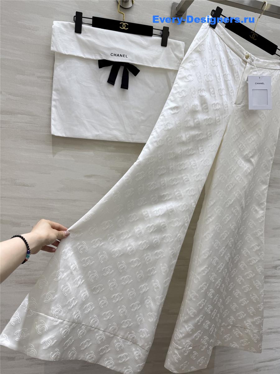 Ch**el white silk jacquard wide-leg pant