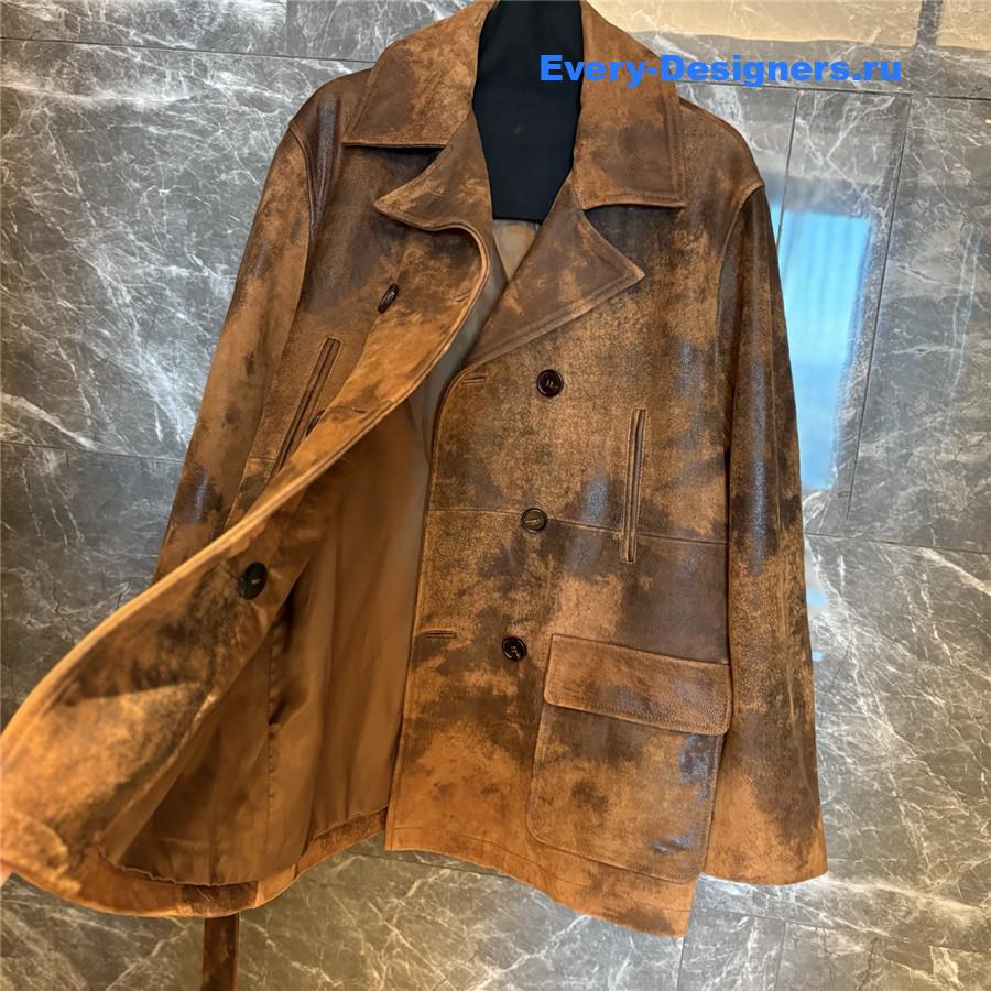 Miu Miu Cognac Double-breasted Waxed Suede Caban Jacket