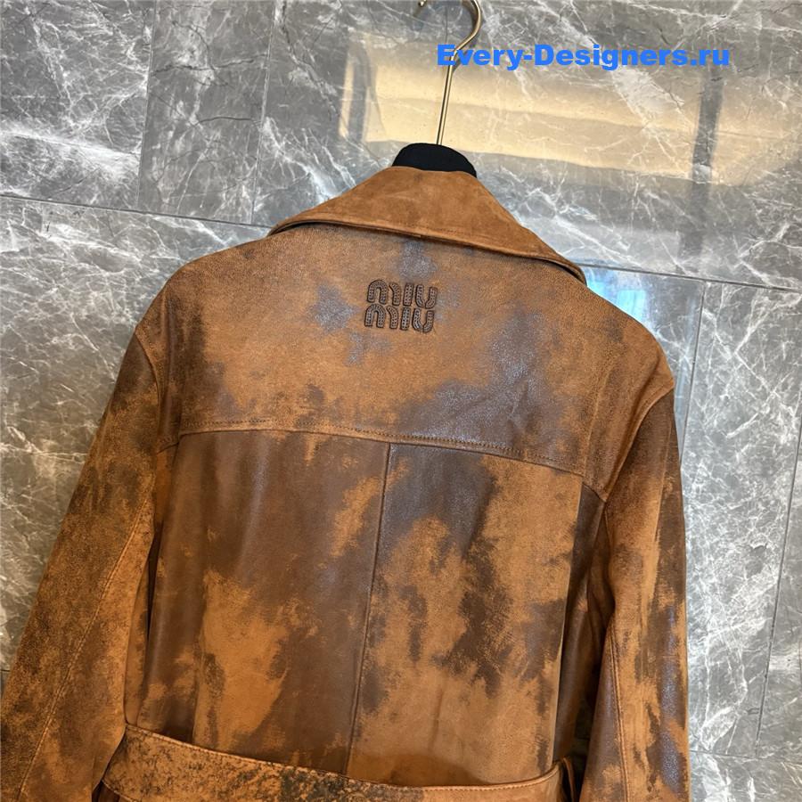 Miu Miu Cognac Double-breasted Waxed Suede Caban Jacket