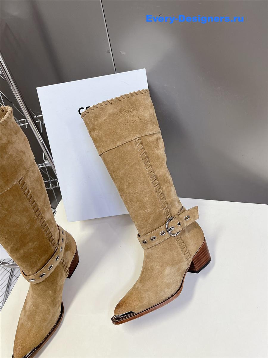 Ce1i*e pointed toe knee high beige cowboy boots
