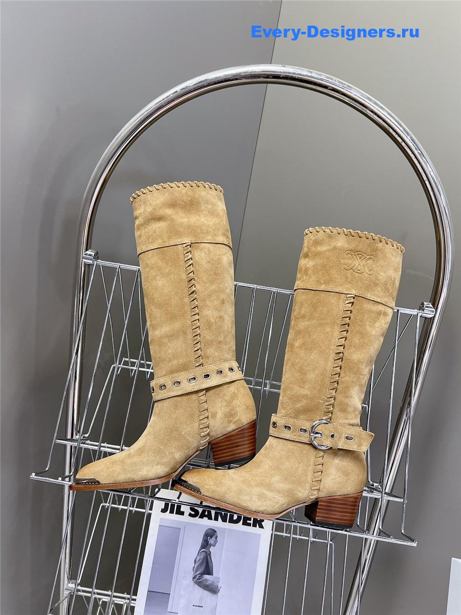 Ce1i*e pointed toe knee high beige cowboy boots