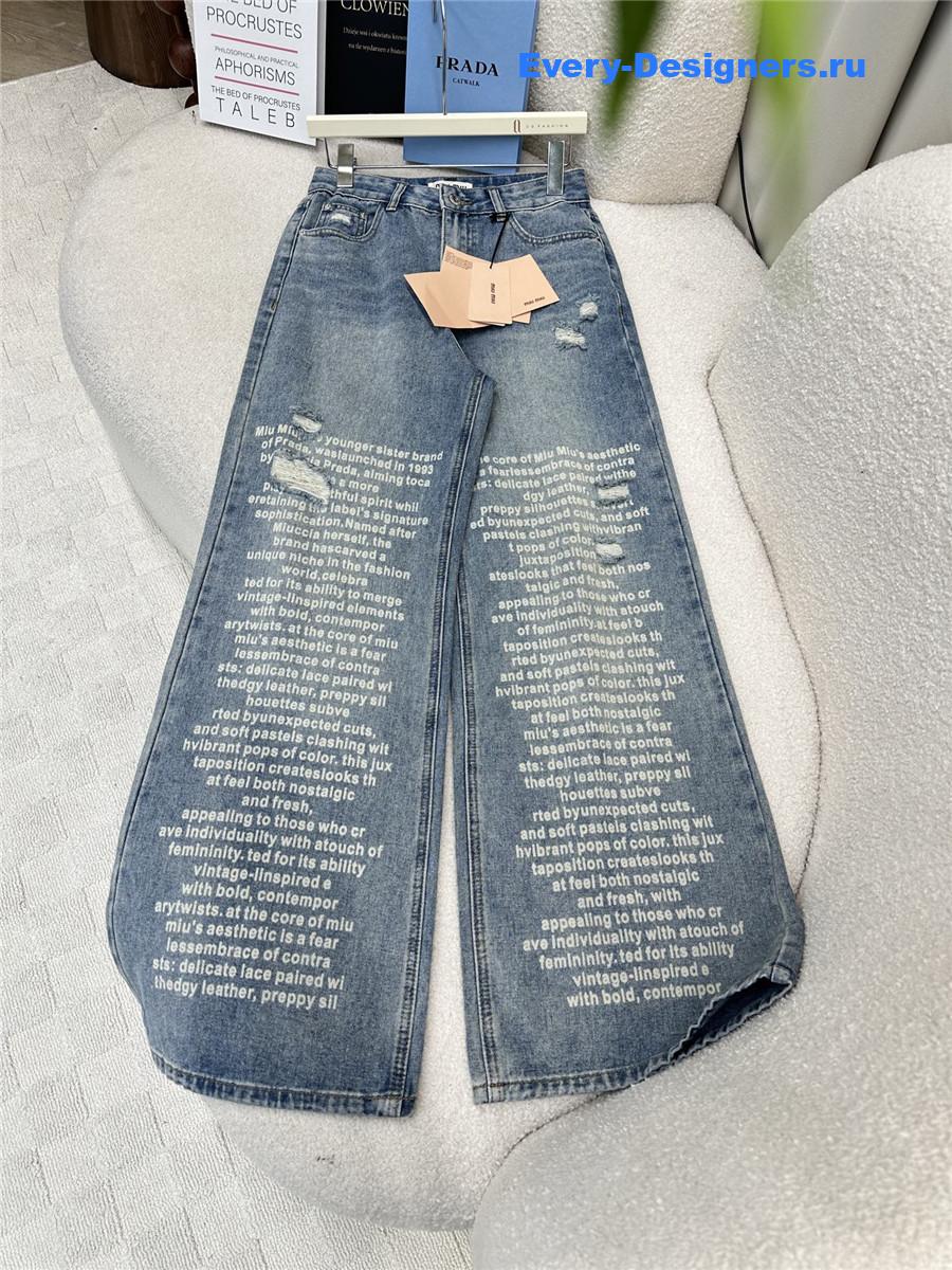 Miu Miu Blue Lettering Ripped Jeans