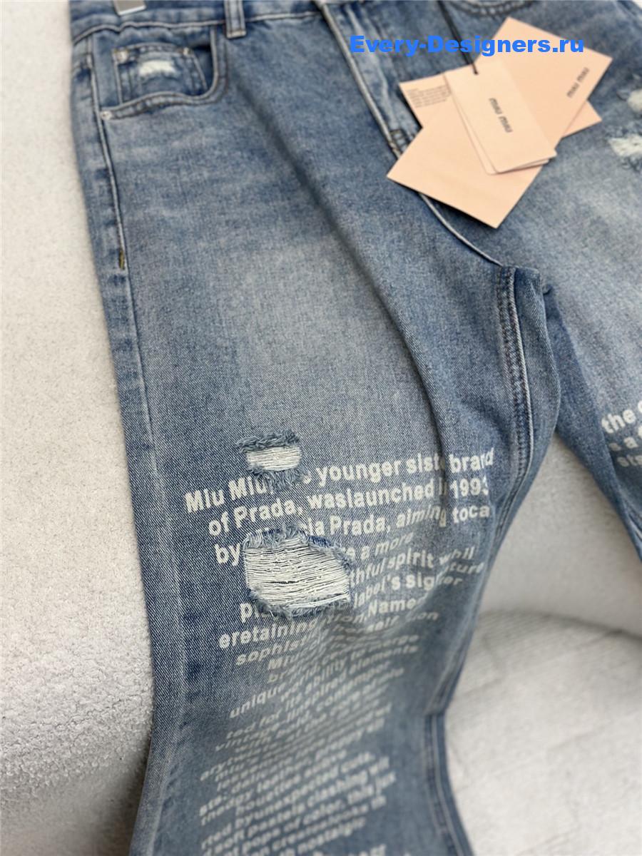 Miu Miu Blue Lettering Ripped Jeans