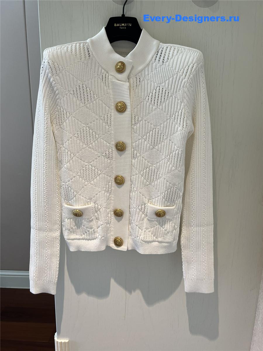 Balmain White Pointelle Ribbed-knit Cardigan