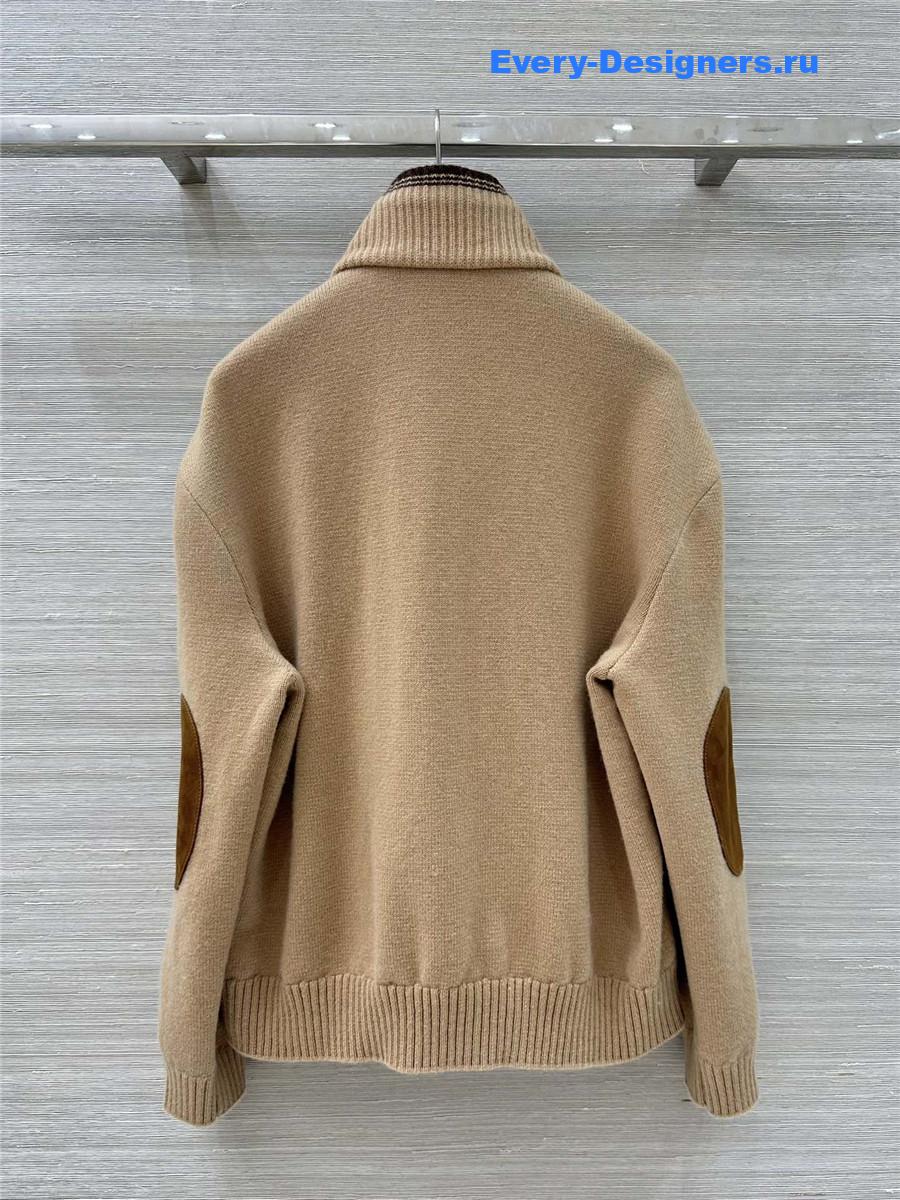 Miu Miu Camel Wool & Leather Zipper Cardigan Jacket