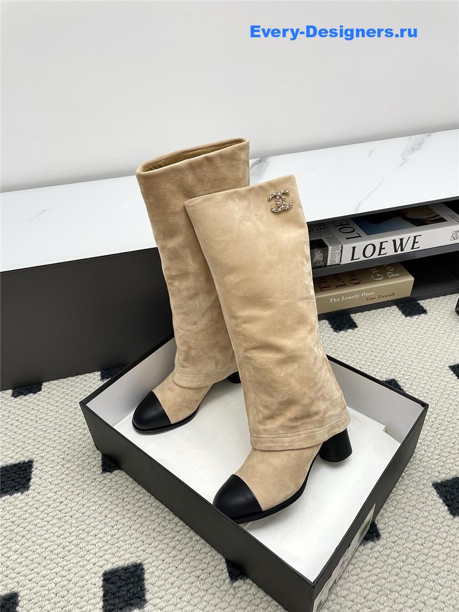 Ch**el beige suede cuffed high boots