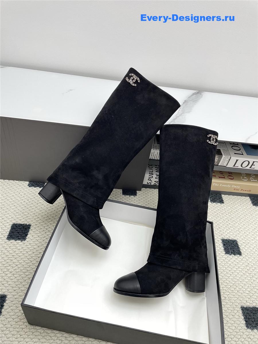 Ch**el black suede cuffed high boots