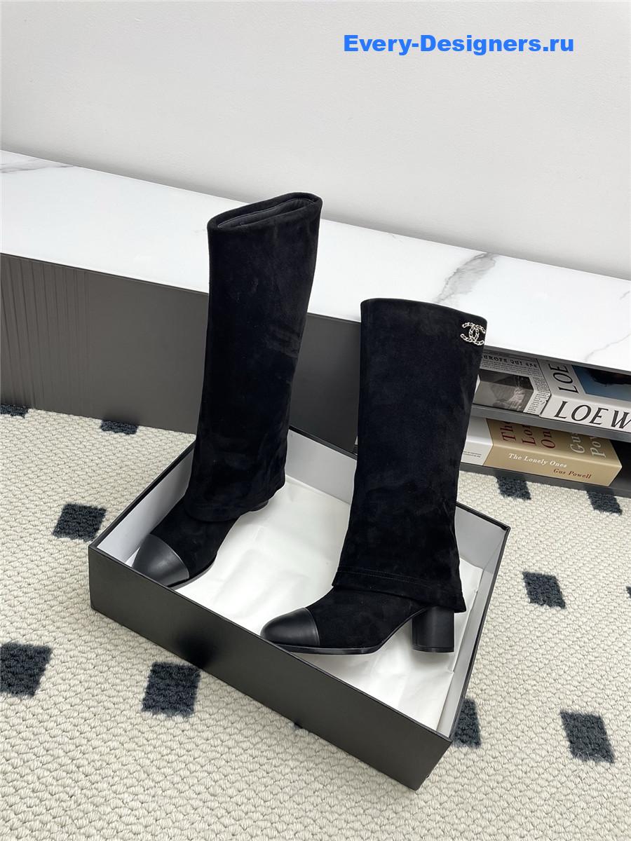Ch**el black suede cuffed high boots