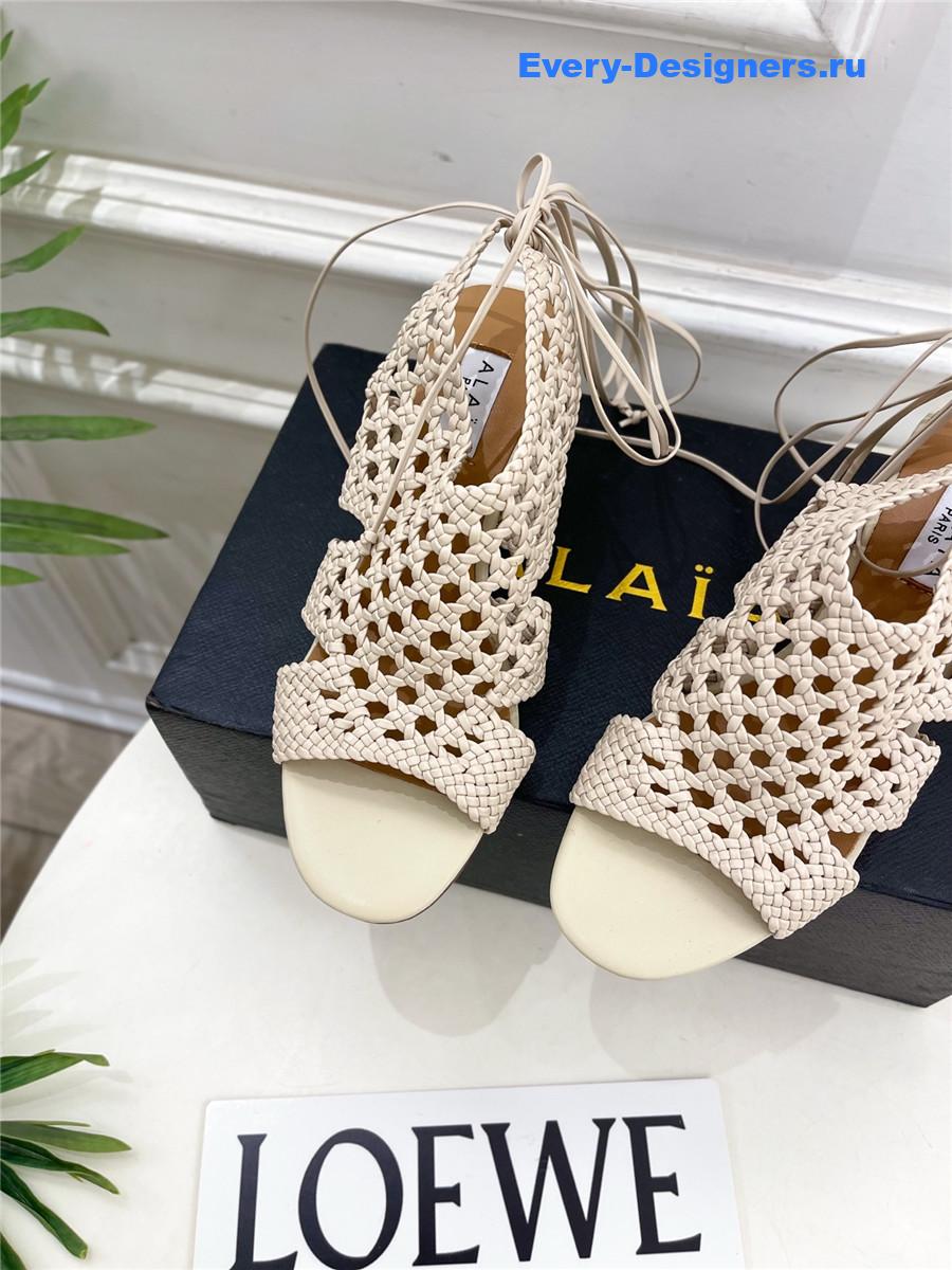 Alaia Milky White Hollow Woven Wedge Sandals