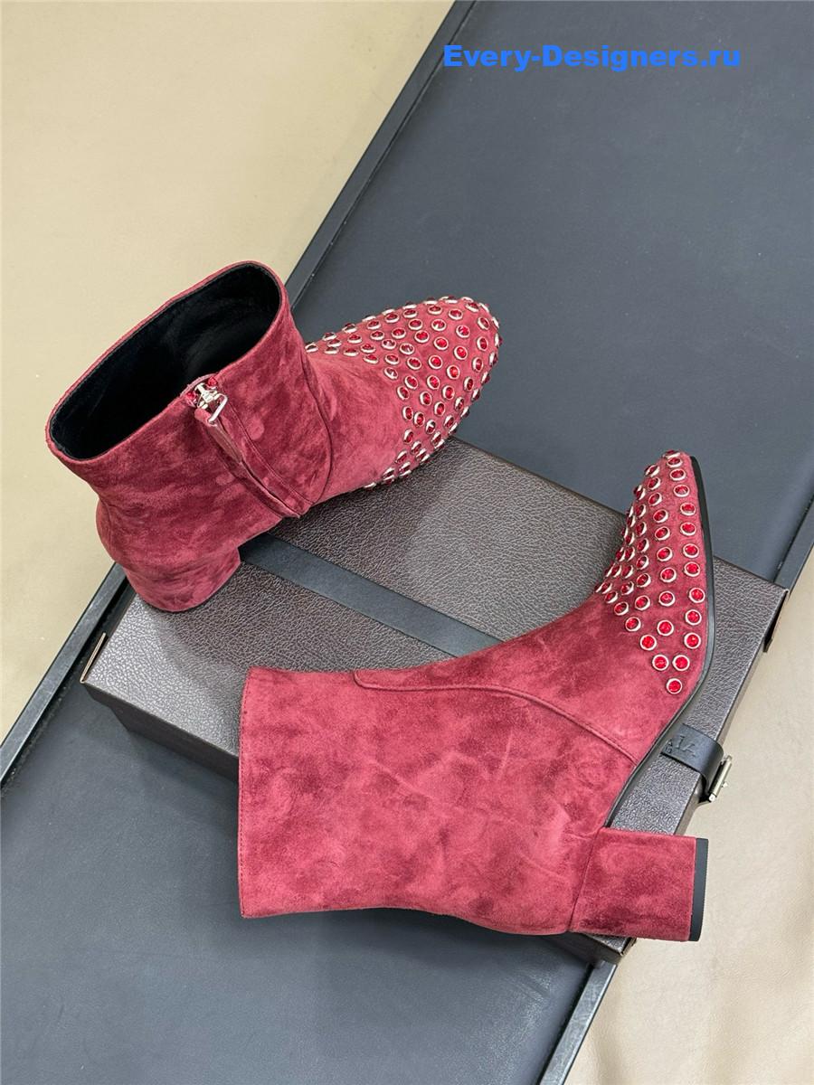 Alaïa Burgundy Suede Leather Crystal Ankle Boots