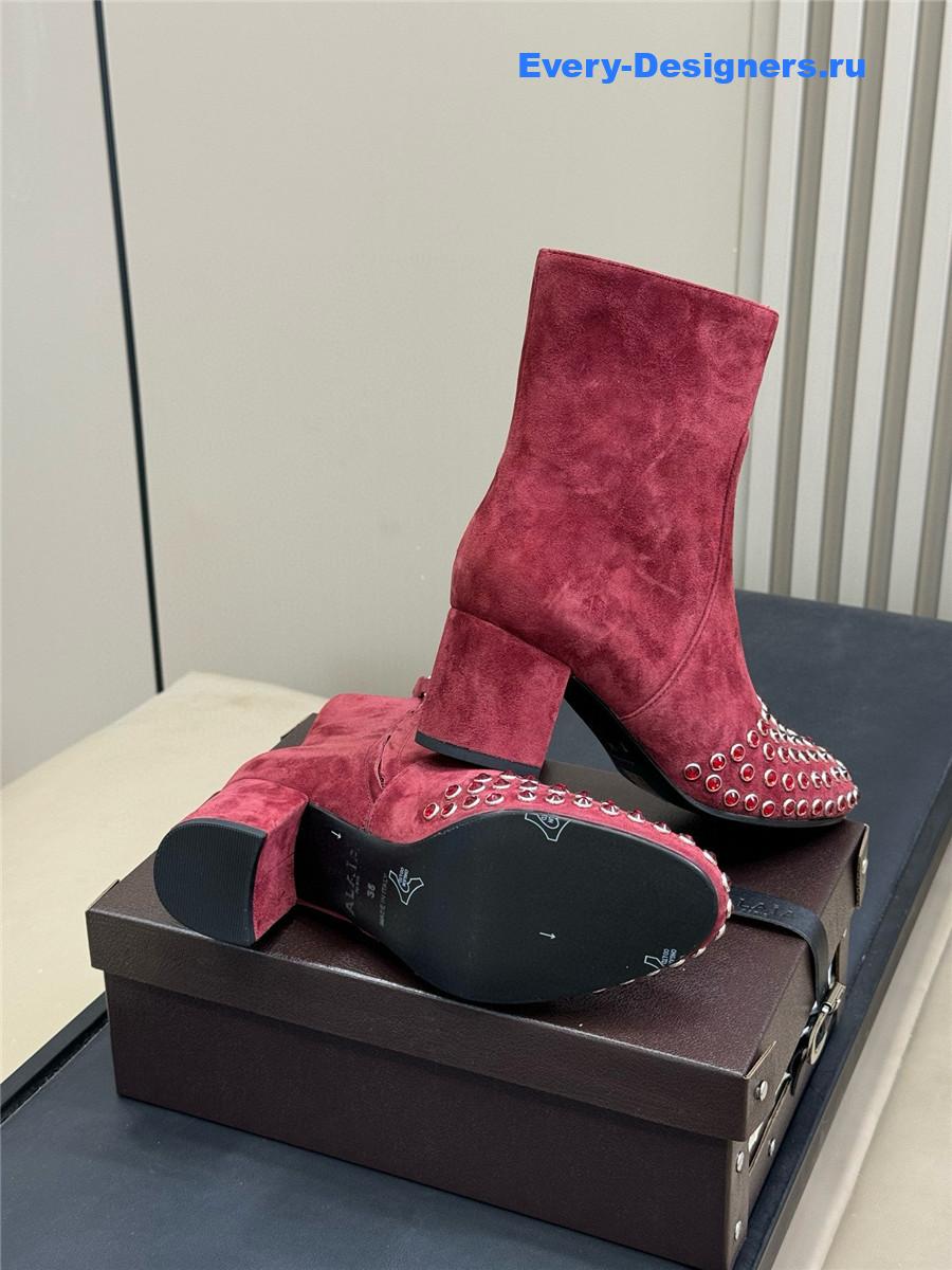 Alaïa Burgundy Suede Leather Crystal Ankle Boots