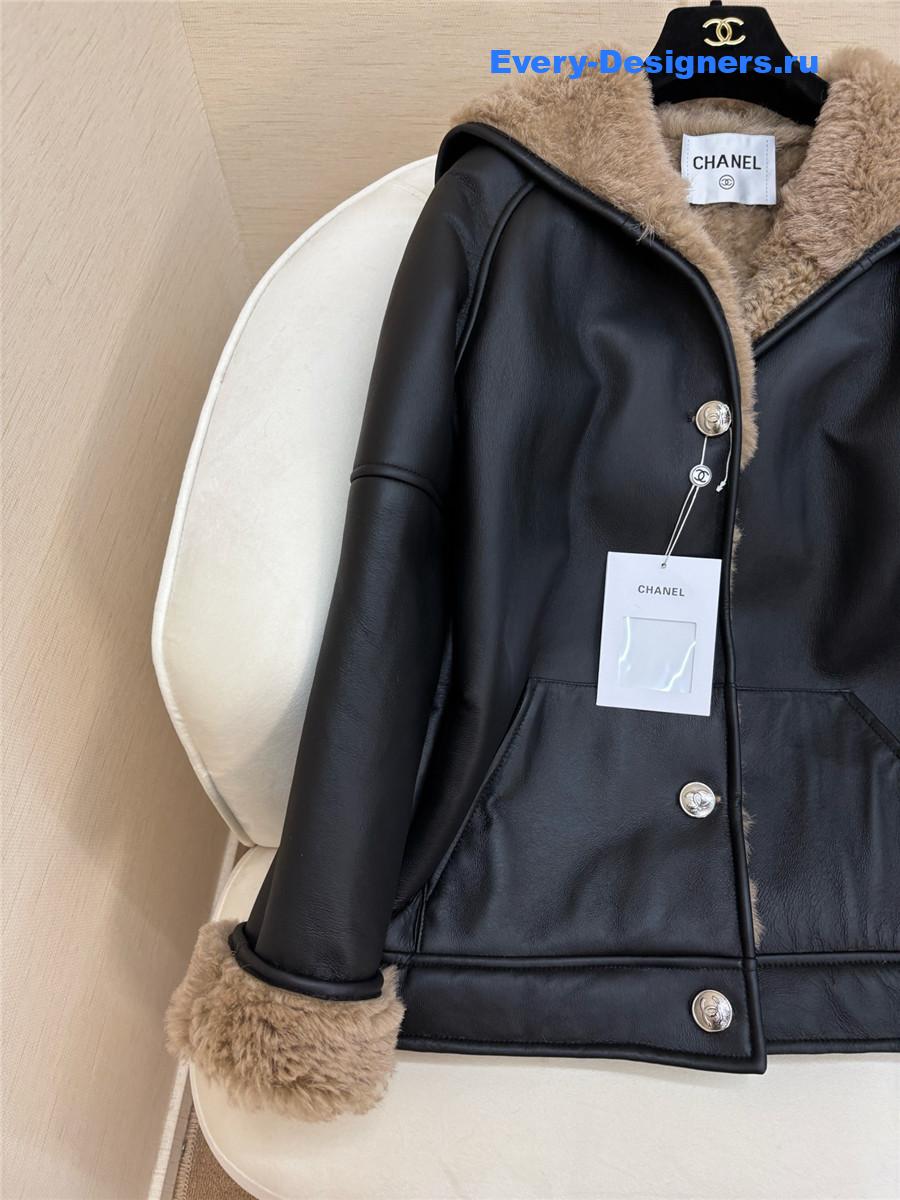 Ch**el black hooded shearling coat