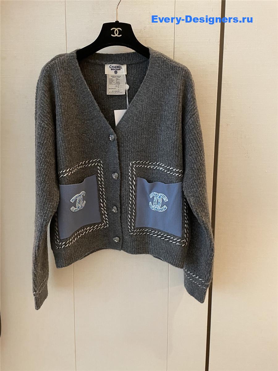 Ch**el v-neck grey wool knitted cardigan