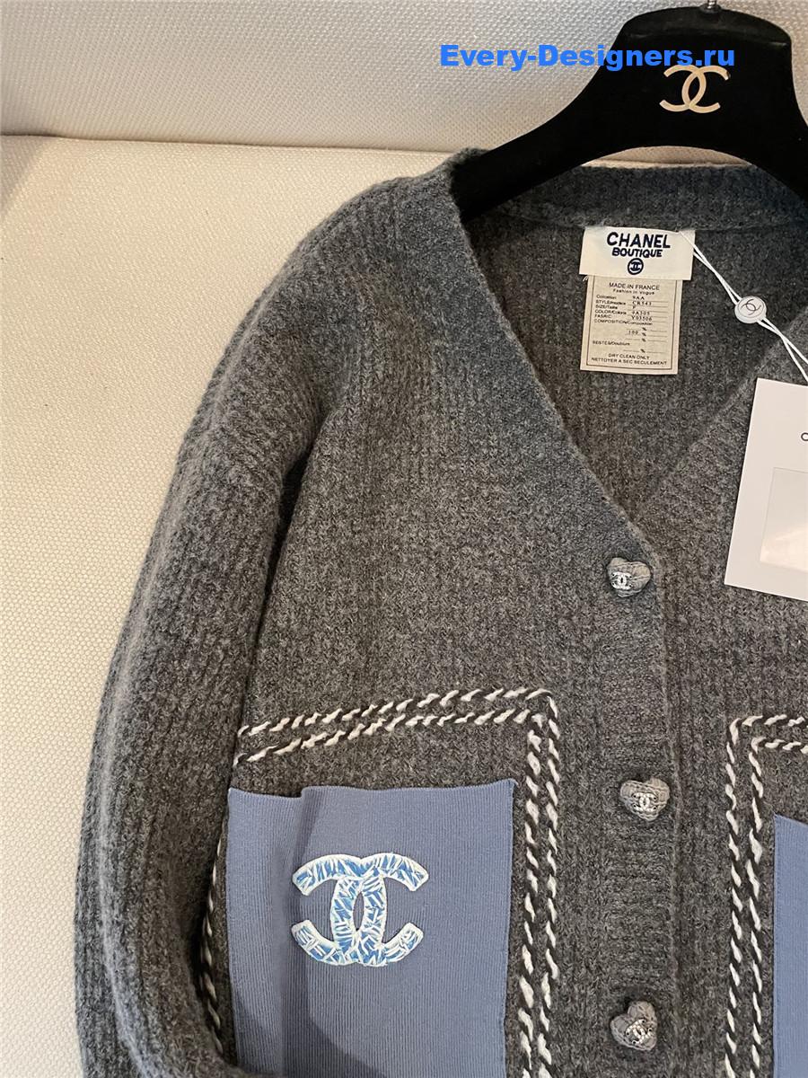 Ch**el v-neck grey wool knitted cardigan