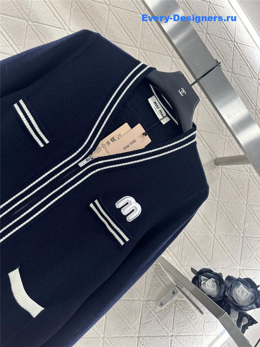 Miu Miu navy V-neck striped knitted cardigan