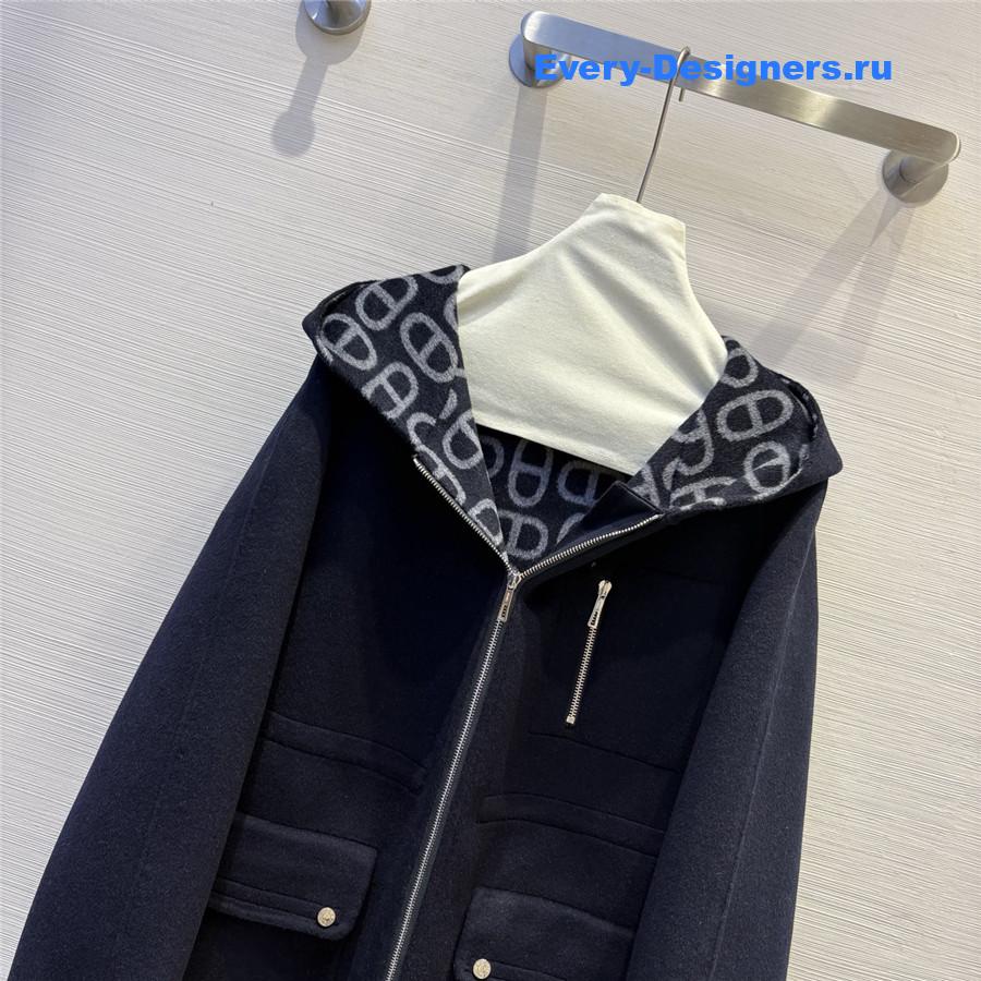 H**me5 navy double logo wool jacquard hooded coat