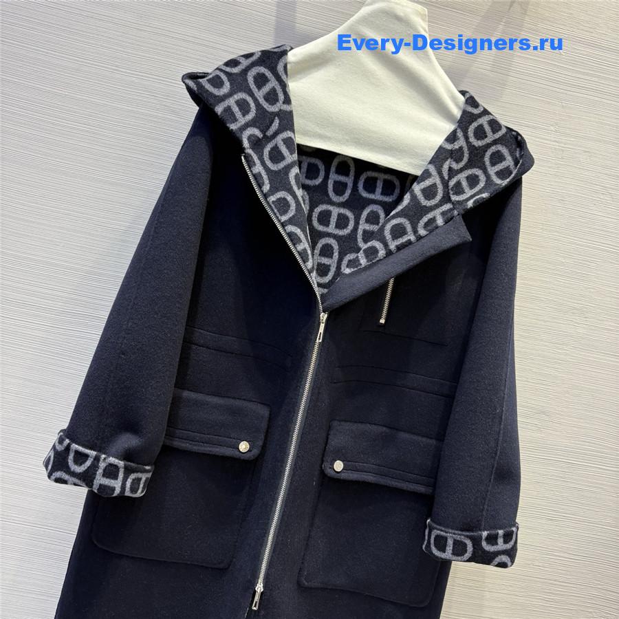H**me5 navy double logo wool jacquard hooded coat