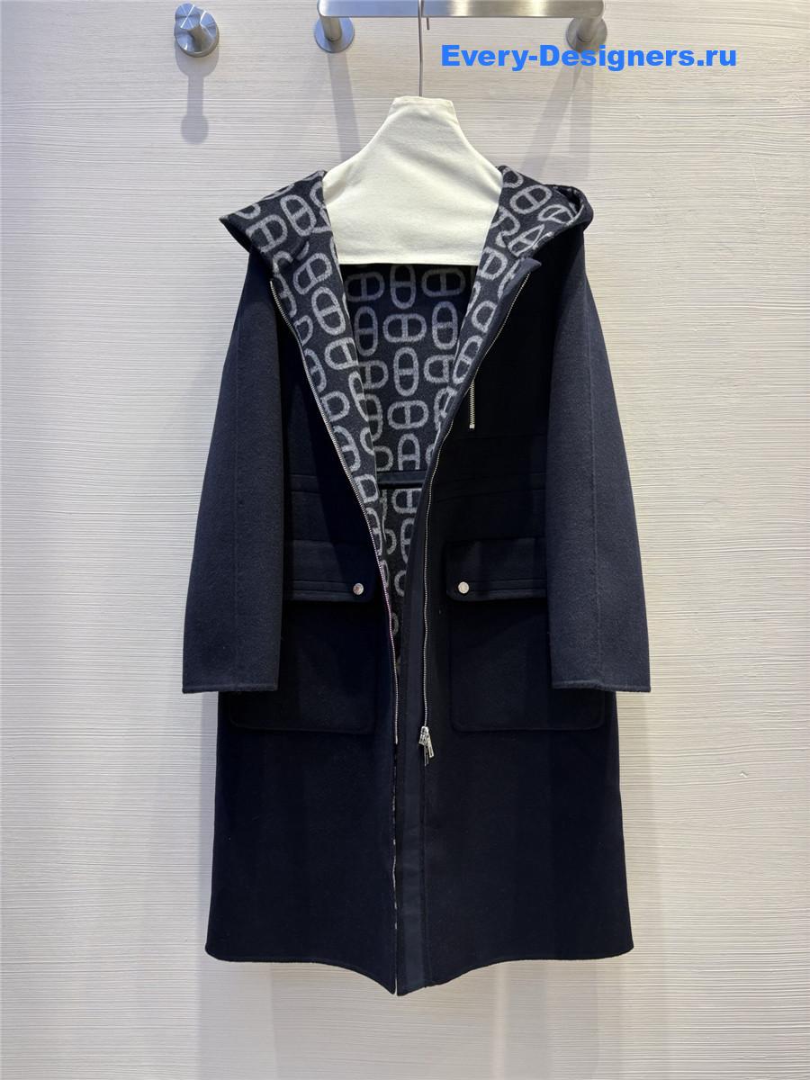 H**me5 navy double logo wool jacquard hooded coat