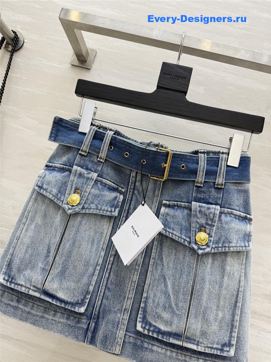 Balmain Blue Denim Skirt With Pockets