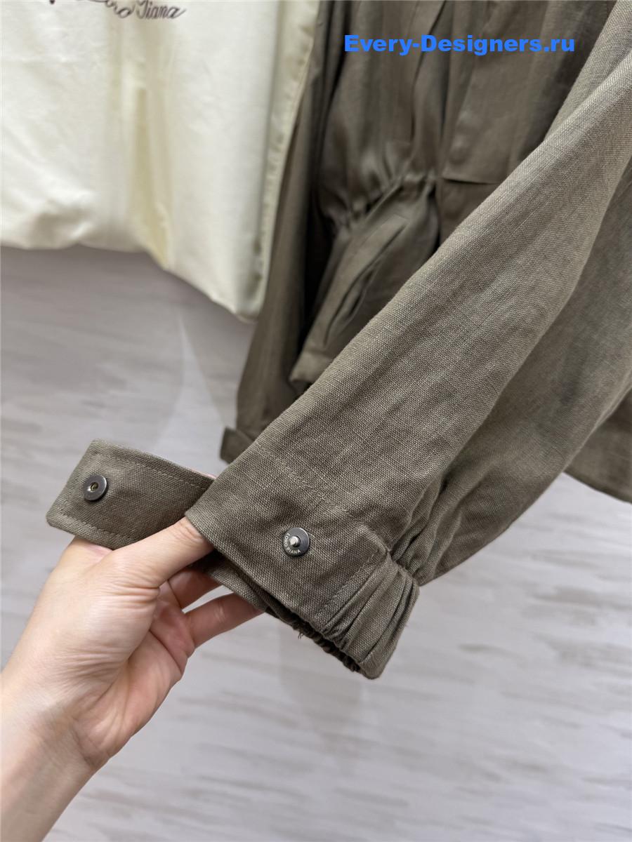 L0r0 P1ana green linen stand collar coat