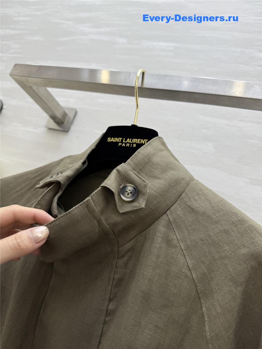 L0r0 P1ana green linen stand collar coat